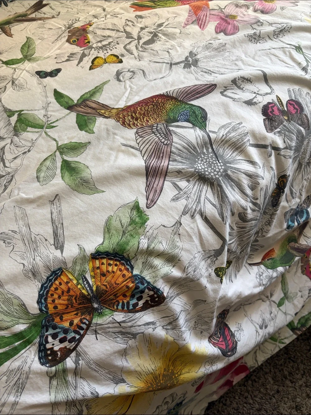 Pottery Barn Floral & Hummingbird Duvet Cover in Gray with Multicolor Accents